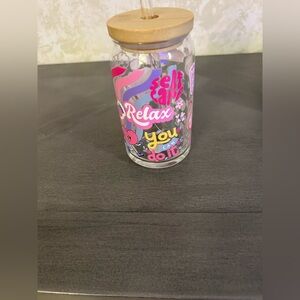 Mental Health Glass Tumbler with lid and straw, Pink Iced Coffee Cup,